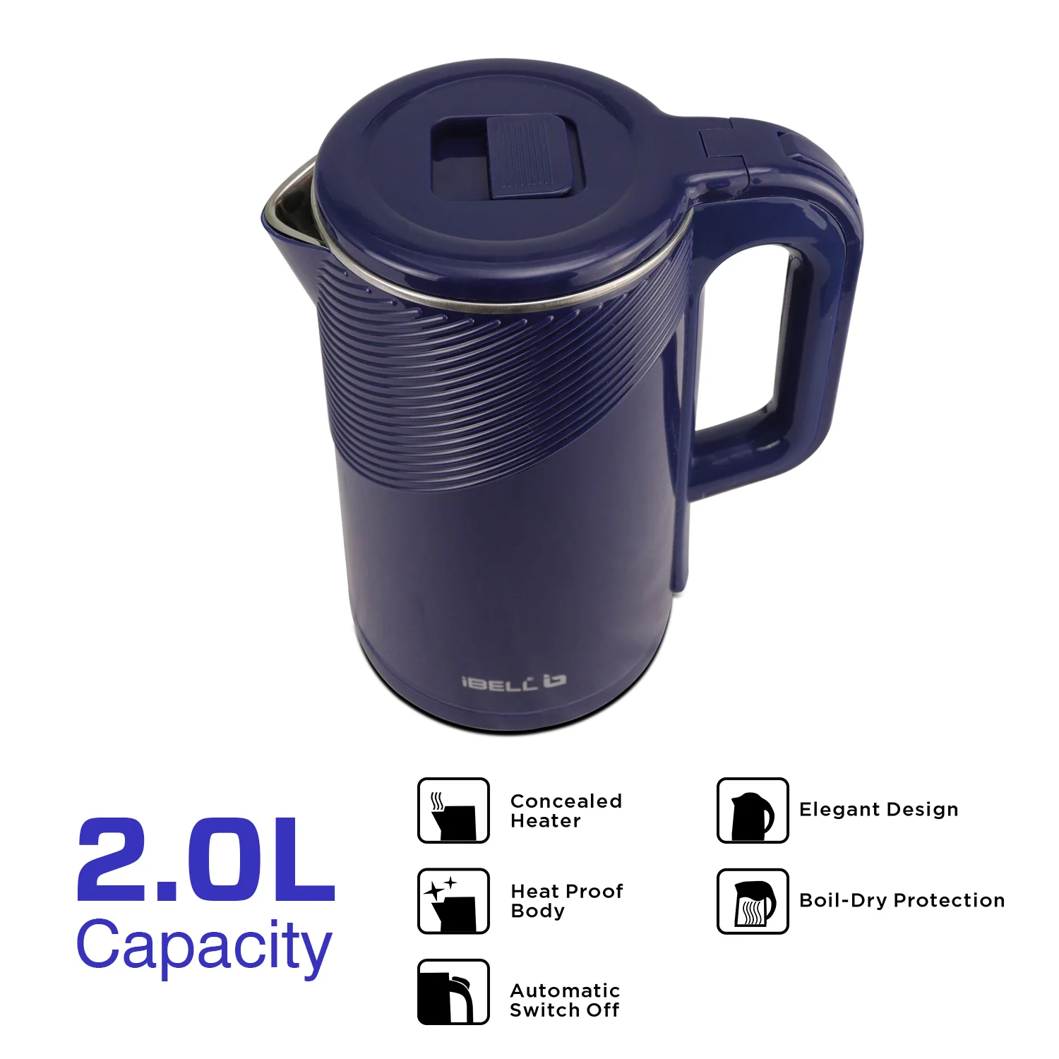 iBELL PEK20BLPLUS Premium Electric Kettle, 2 Litre, 1600W, Auto Cut-Off Feature, Stainless Steel with Insulation, 360 degree Rotating Base, Safety Lid With Locking Mechanism (Blue) - Image 5