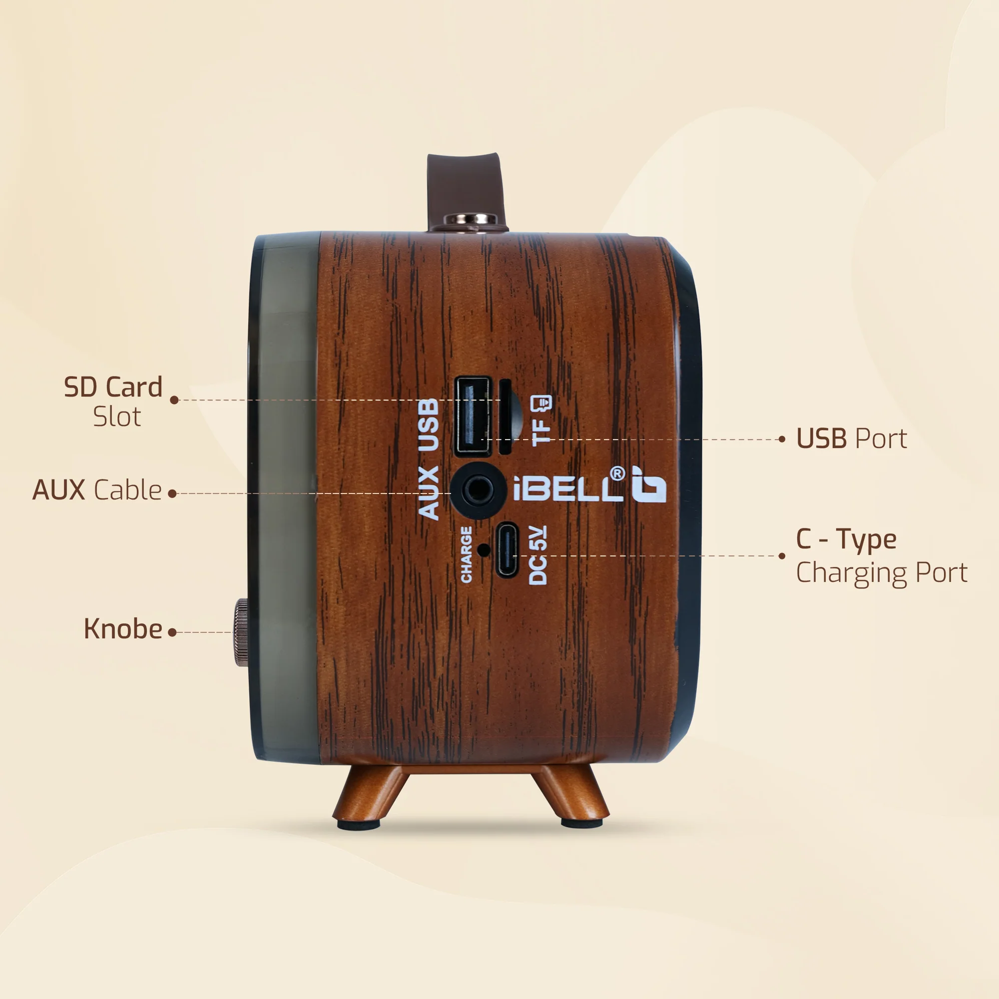 IBELL Rhythm 750 Retro Bluetooth Speaker with 3 Band AM/FM/SW Radio, AUX Input, USB & TF Card Slot, Telescopic Antenna, Dynamic Light, Portable Wireless Music System, DC 5V Power (Wood Finish) - Image 4