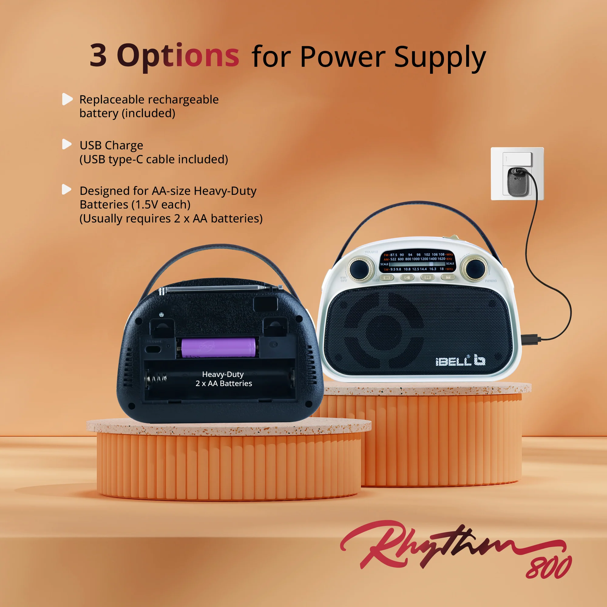 IBELL RHYTHM800 BT Portable FM Radio with Bluetooth Speaker, USB, SD Slot, MP3 Player, Rechargable Battery, Telescopic Antenna & Dynamic Speaker, 3 Band (Black) - Image 3
