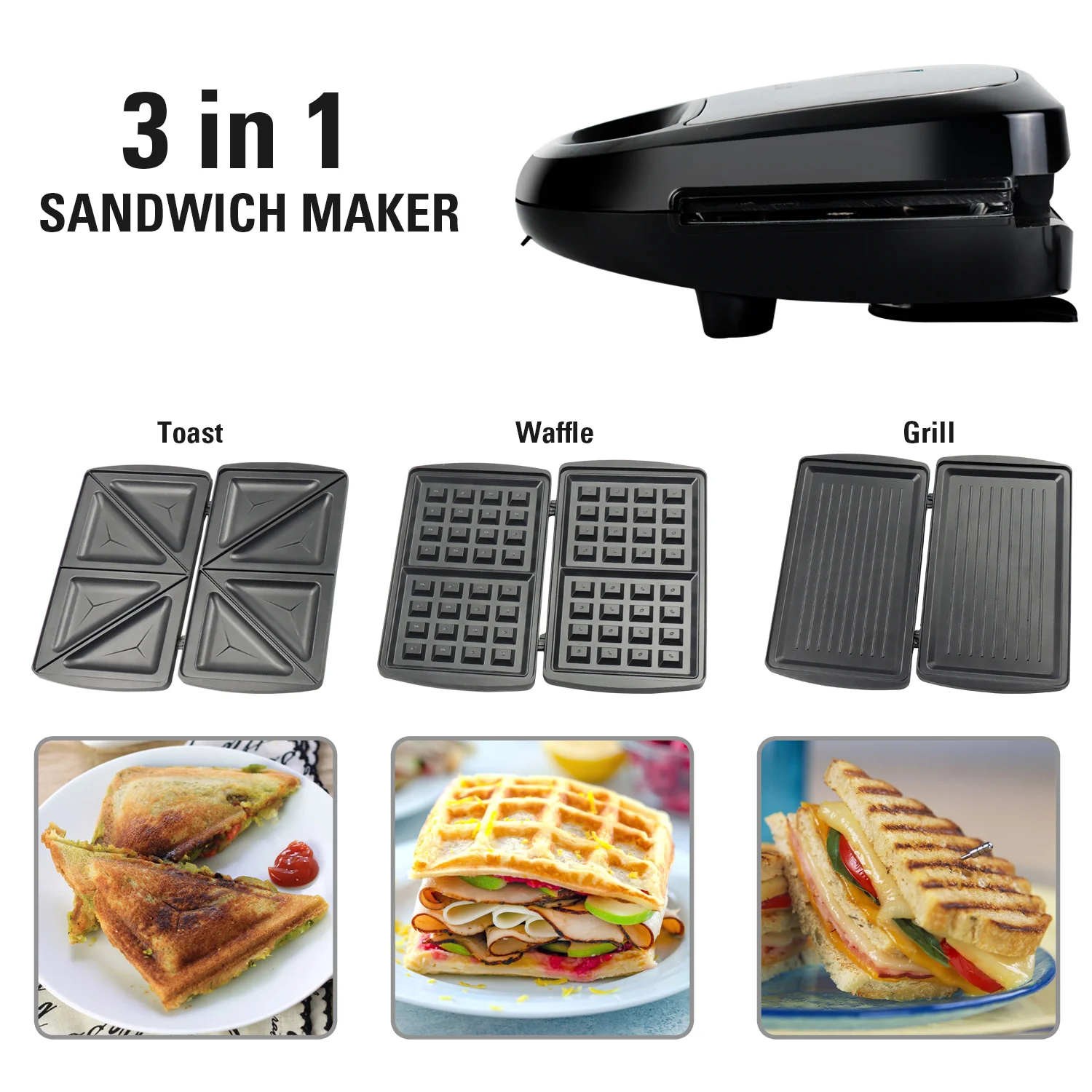iBELL SM1301 3-in-1 Sandwich Maker, Big Size, 750 Watt, with Detachable Plates for Toast/Waffle/Grill (24 x 24 x 10 cm) - Image 4