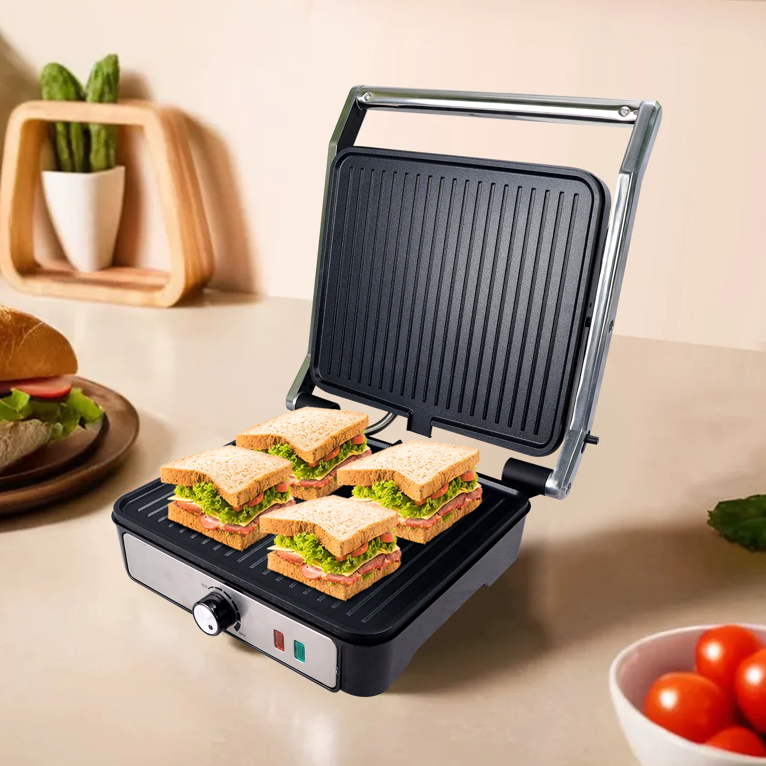iBELL SM1320G Sandwich Maker Grill and Toast Electric, 2000W, Big Size Fits 4 Bread Slices, Thermostat Knob (Silver, 34 x 34 x 12 cm) - Image 2