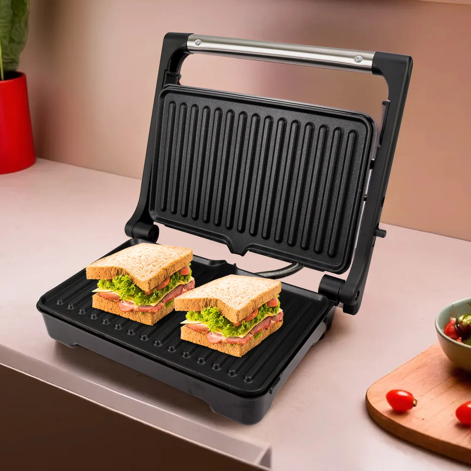 iBELL SM1700G Sandwich Maker with Floating Hinges, 1700Watt, 180 Degree Openable Plates for Grill/Toast, Temperature Control Knob (Black) - Image 2