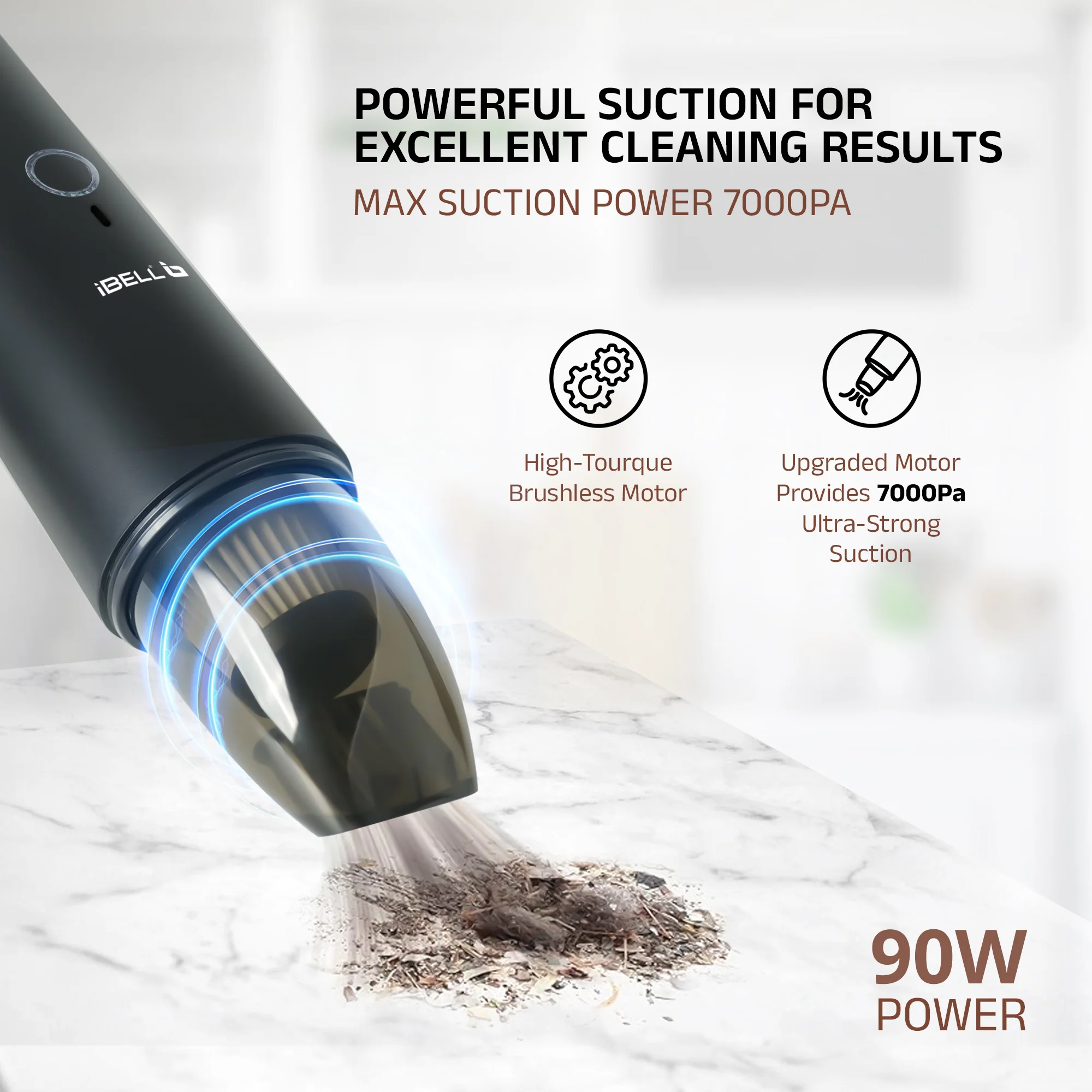 IBELL TURBOVAC700 Cordless Car Vacuum Cleaner – Rechargeable, Handheld, Wet & Dry Portable Vacuum with Powerful 7000 Pa Suction (Black) - Image 3