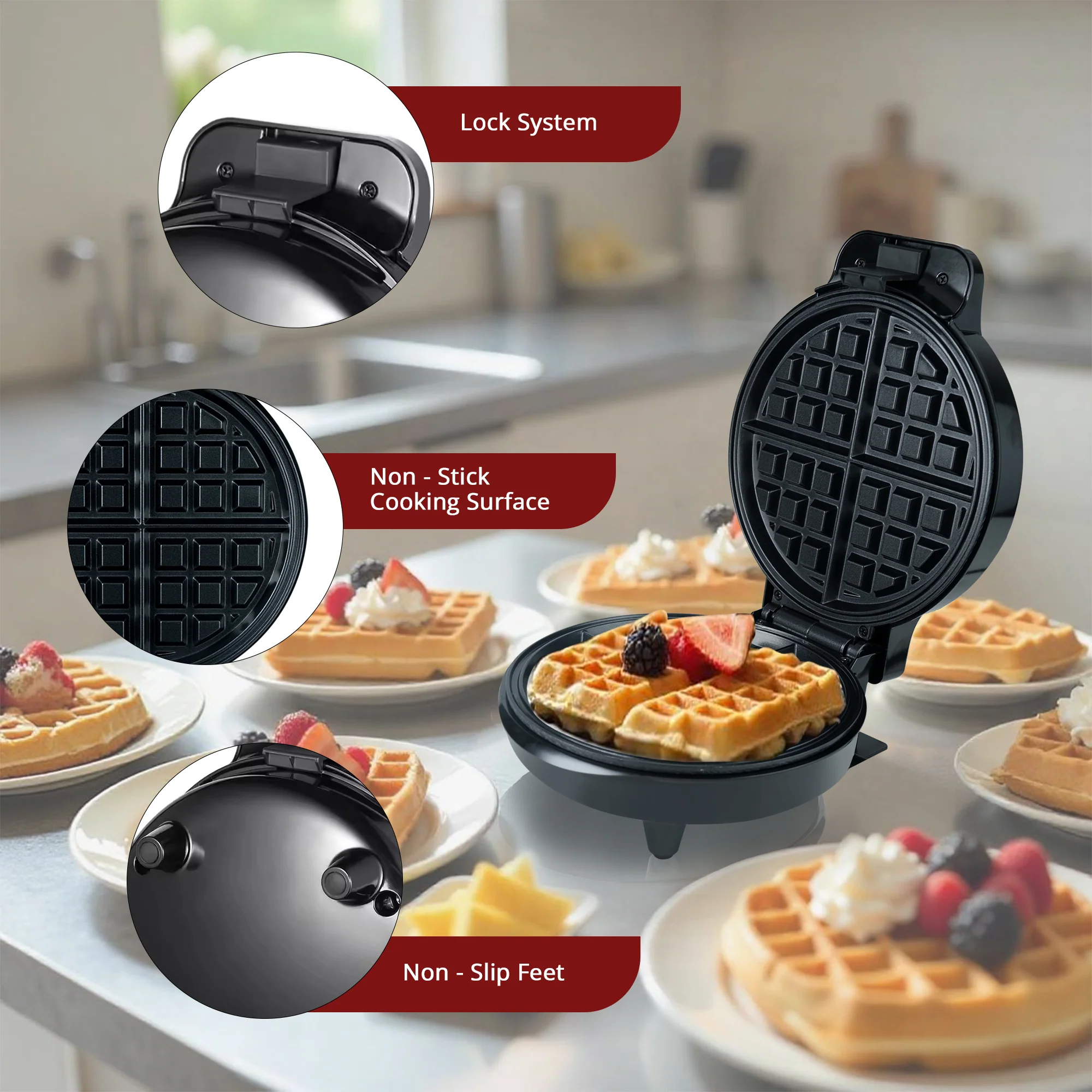 IBELL WAFFLEMATE190 Waffle Maker Electric,1000W,Adjustable Temperature, Non-Stick Plates, LED Indicators, Lock System, Non-Slip Feet (Black) - Image 3