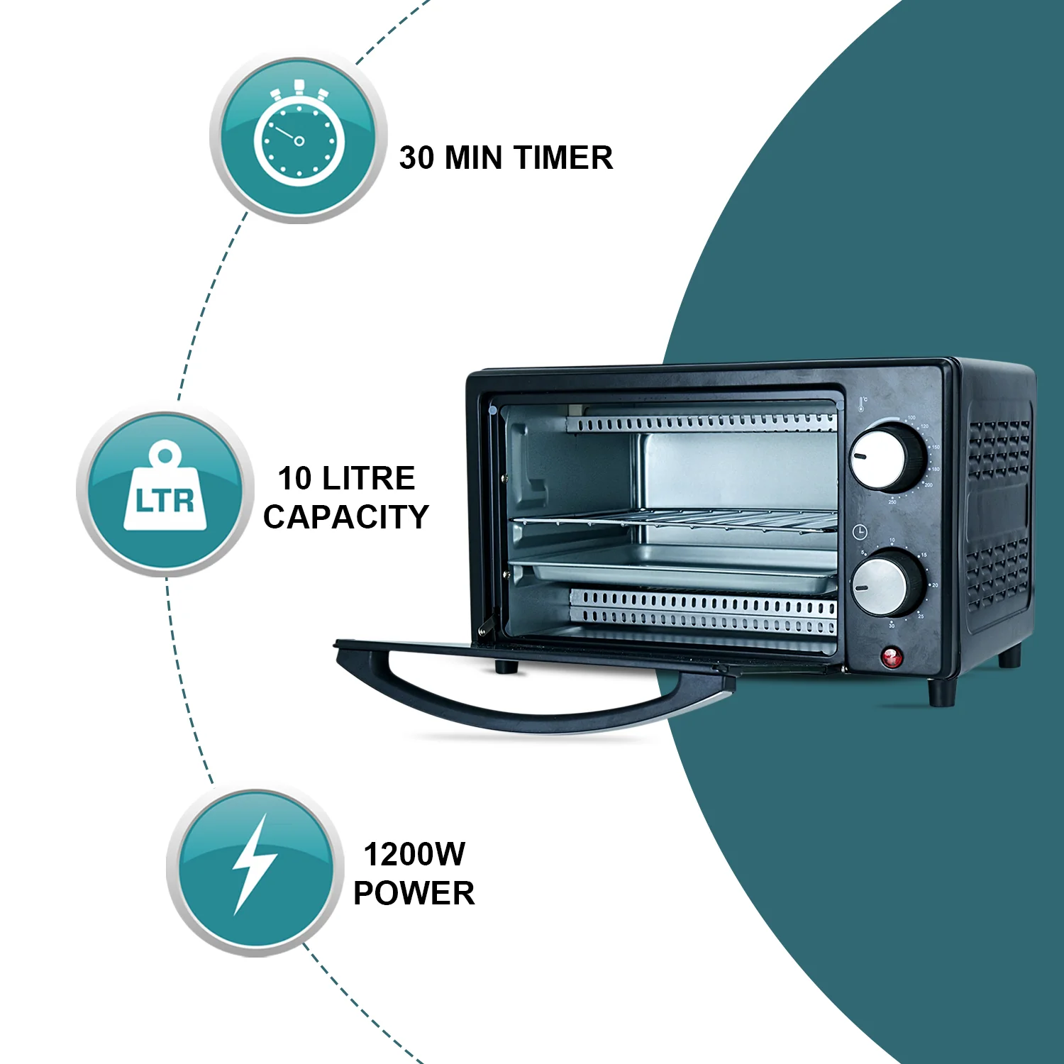 iBELL WAVE10 OTG Oven, 10 Litre, Compact Size, 1200W, Oven, Toaster, Griller, Precise Temperature & Timer Control (Black) - Image 8
