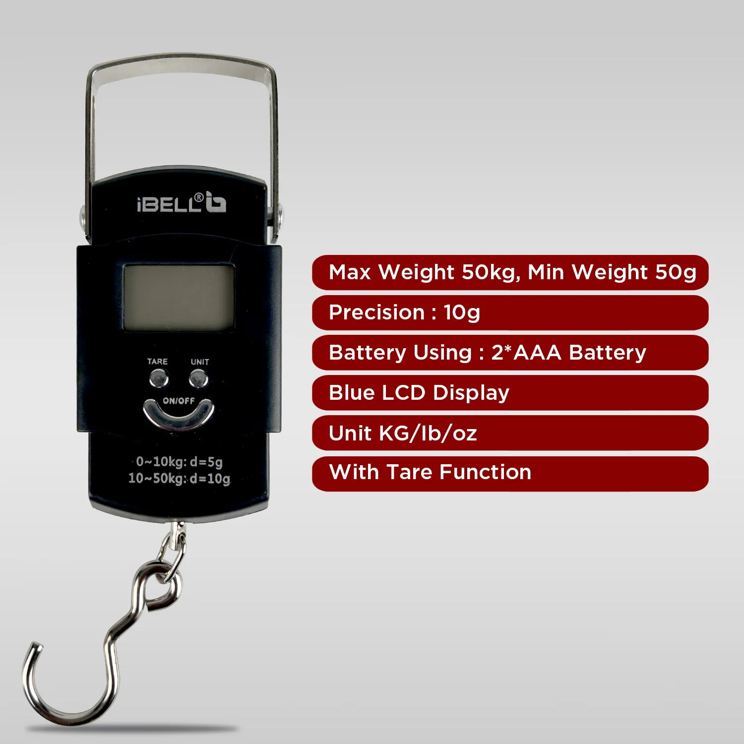 iBELL Weight Machine For Luggage Weighing Scale, Portable, 50 KG, Stainless Steel Hook, Digital LED Display & Tare Function, LS050M (Black) - Image 5
