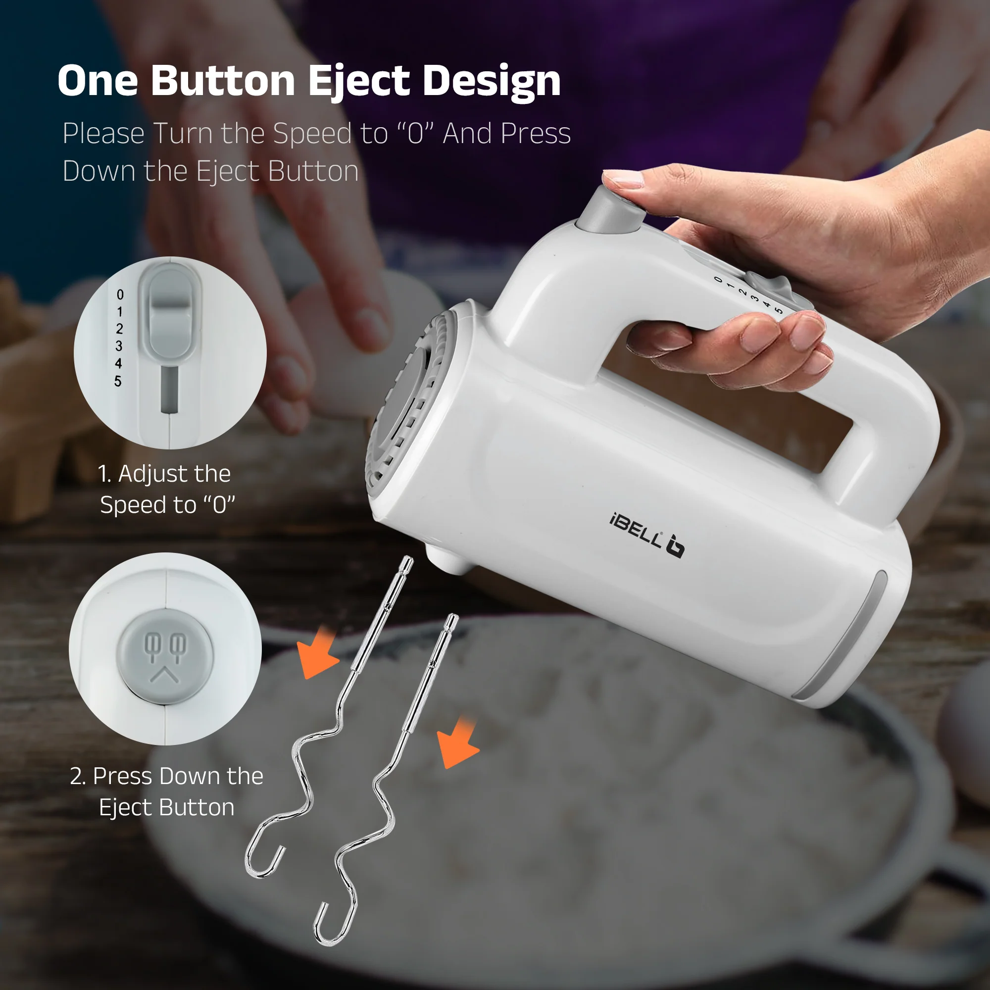 iBELL WHISK350 Electric Hand Mixer - 350W with 5 Speed Control, Stainless Steel Beaters & Dough Hooks for Baking, Whipping & Mixing (White) - Image 5
