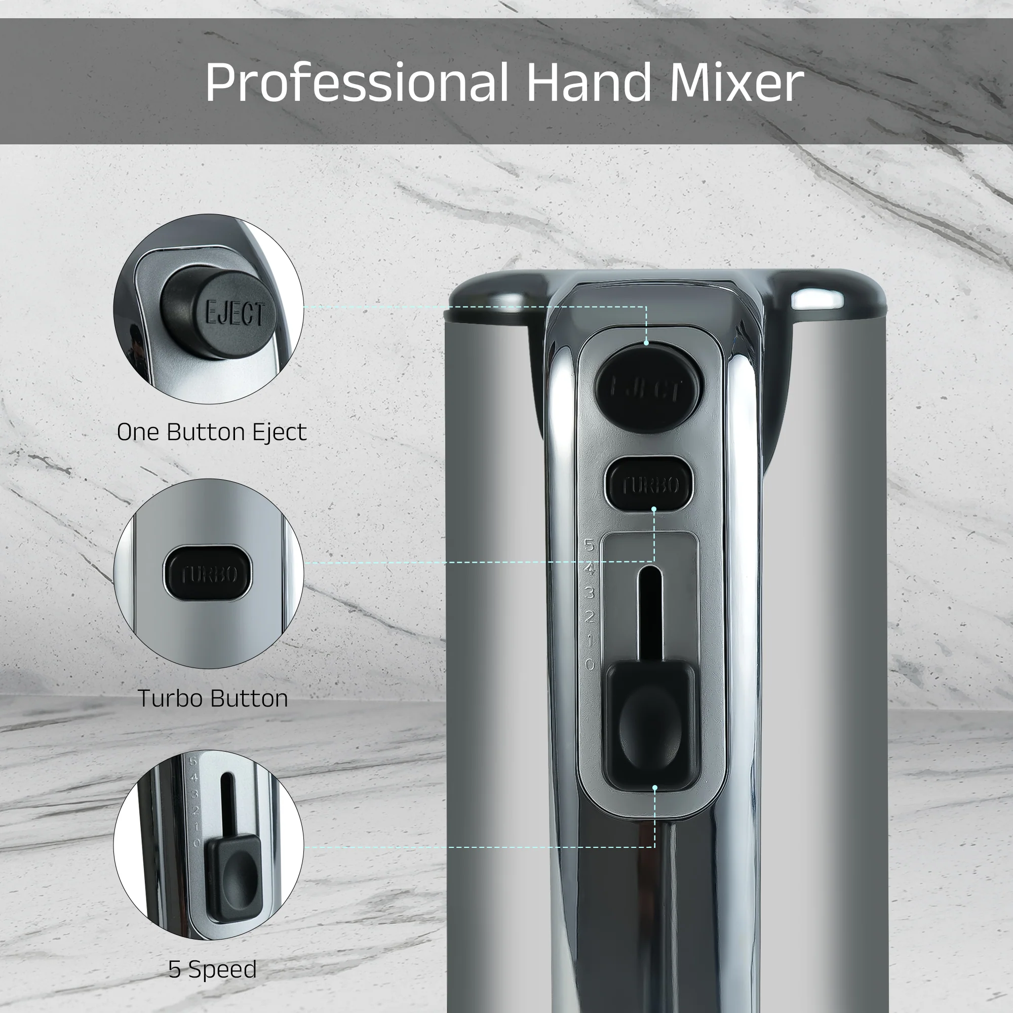 IBELL Plastic WHISK400 Electric Hand Mixer, 400W, Blender, Detachable Beaters & Dough Hooks, With Turbo Button 5 Speed Settings(Silver). - Image 4