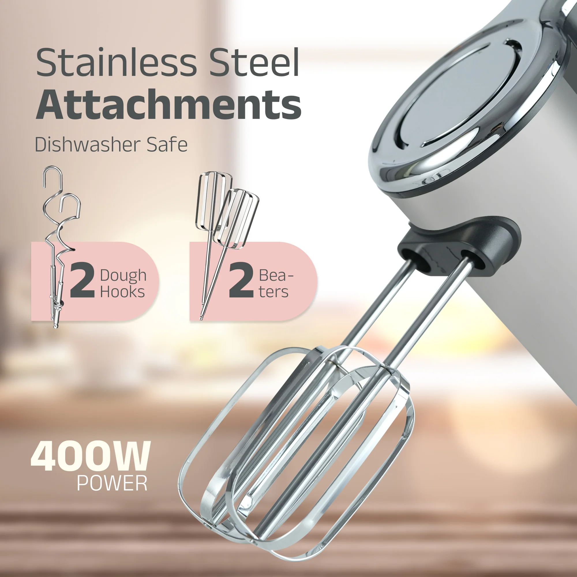 IBELL Plastic WHISK400 Electric Hand Mixer, 400W, Blender, Detachable Beaters & Dough Hooks, With Turbo Button 5 Speed Settings(Silver). - Image 6